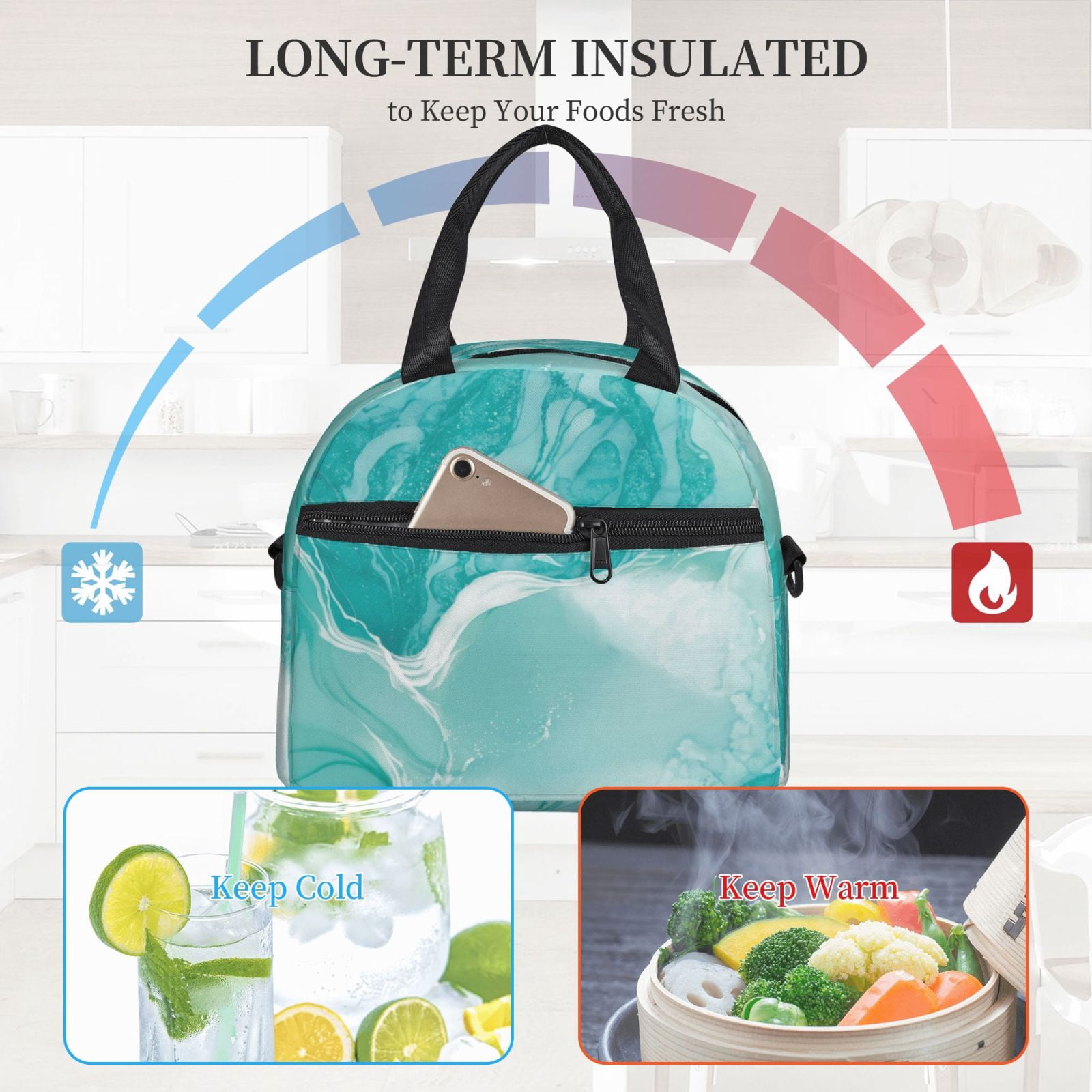 Xecao Teal Turquoise 1 Print Insulated Lunch Box, Lunch Cags Lunch Bag Featuring An Adjustable Shoulder Strap