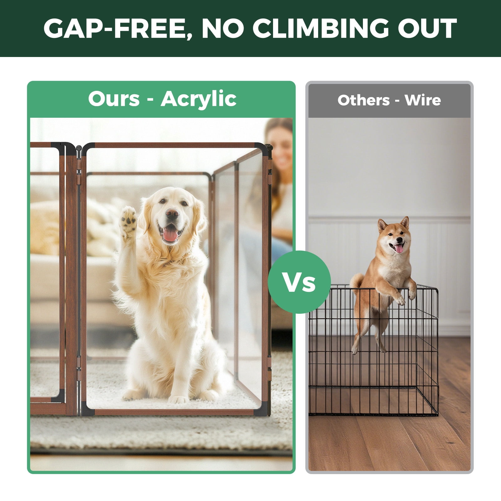 FXW AuraSpace Pro Metal & Acrylic Indoor Dog Playpen, All-Acrylic Clear Heavy-Duty Design, 40" Height 12 Panels for Medium and Large Dogs, Walnut│Patented