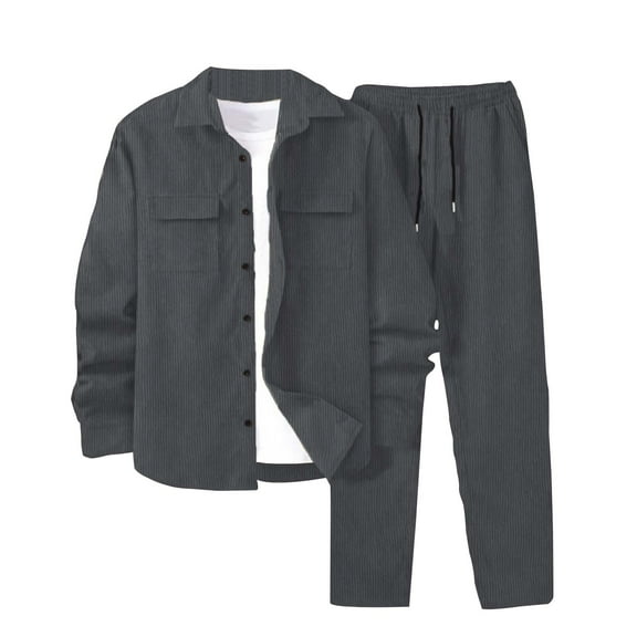 Men's 2-Piece Corduroy Shacket & Pants Set Long Sleeve Causal Autumn Winter Jacket Tracksuit Overshirt Set