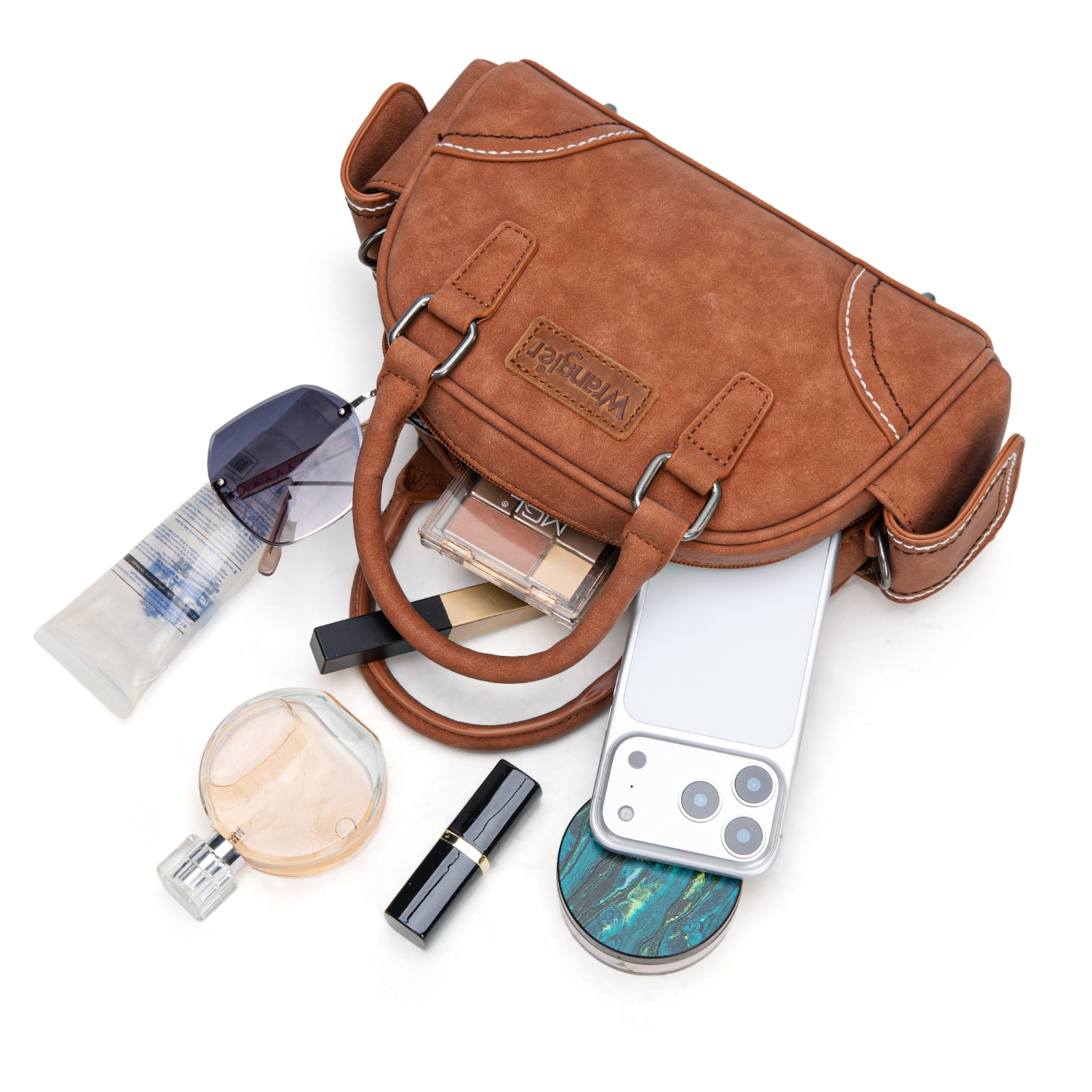 Wrangler Small Crossbody Purses for Women Boston Barrel Bag Mini Top Handle Bags with Crossbody Strap, Brown