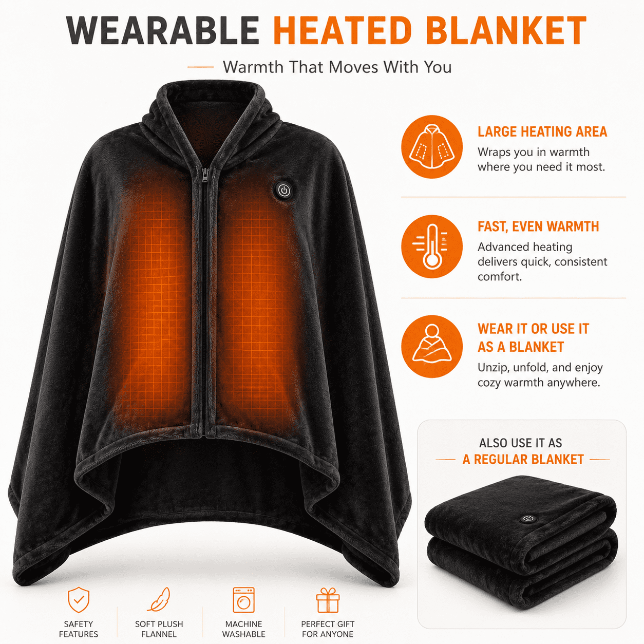 USB Heated Blanket, Poncho, and Shawl Wrap – Washable, Zippered, 59x31 inches for Home and Office
