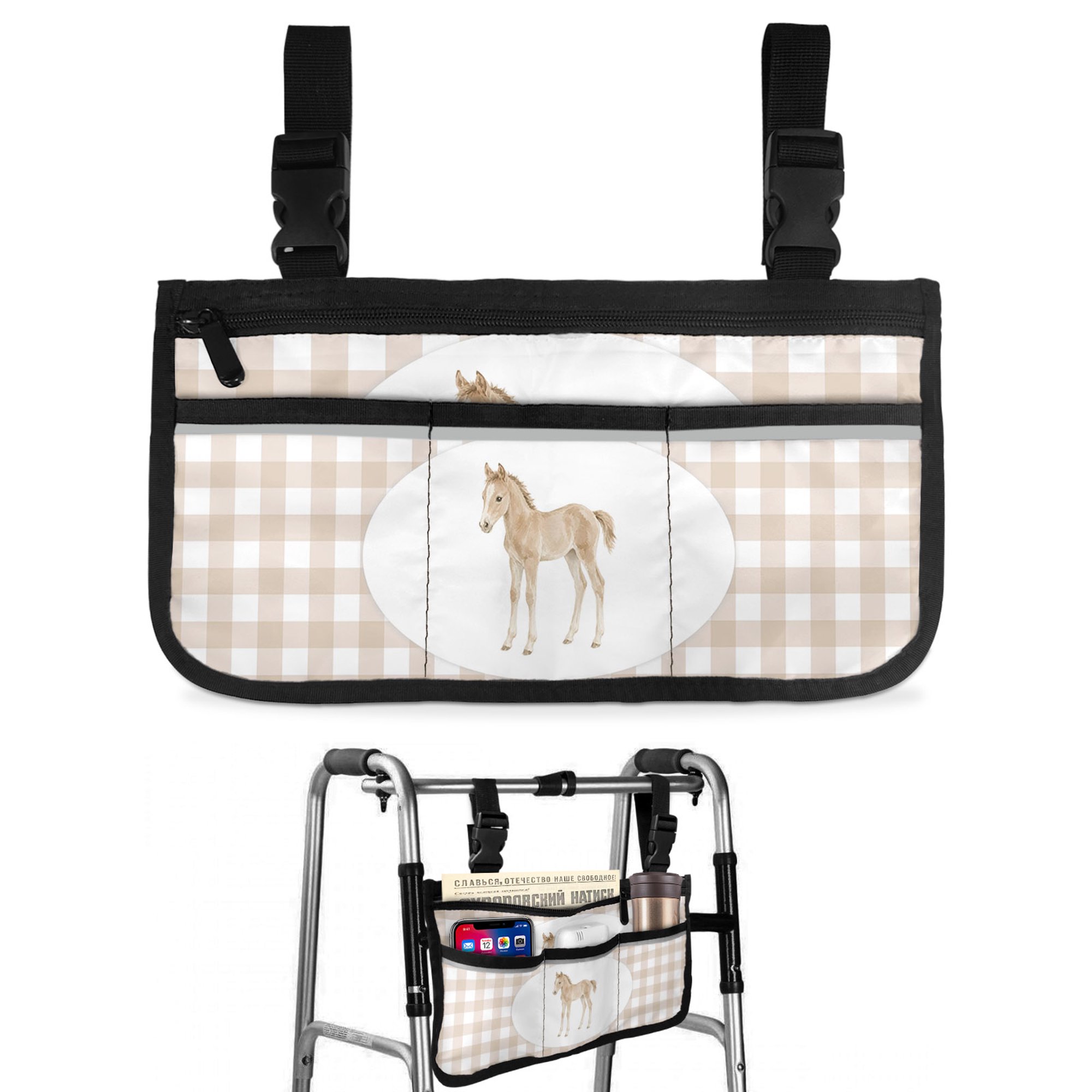 Graceful Pony Wheelchair Side Bag with Cup Holder, Retro Natural Horse Khaki Plaid Wheelchair Armrest Bag Storage Pouch Adults, Seniors for Walkers, Rollator, Scooter