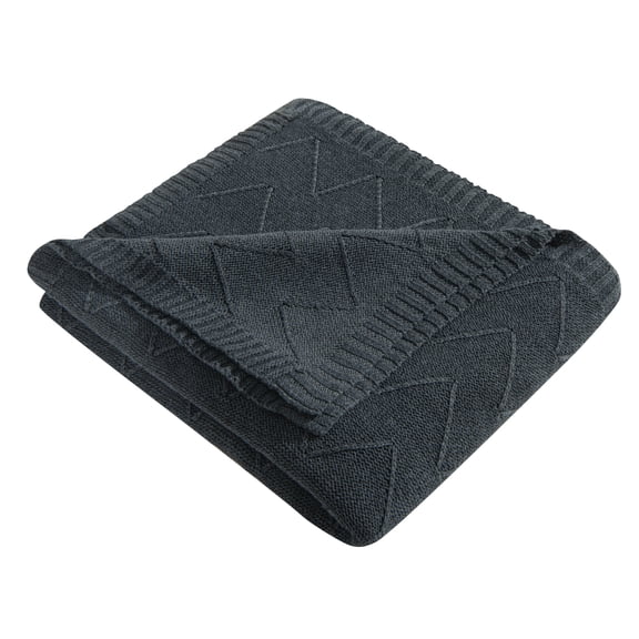 Flxxie RPET Cable Knitted Throw Blanket, Cozy Rayon Cotton Chevron Textured Decorative Blanket, 51" x 67", Dark Gray