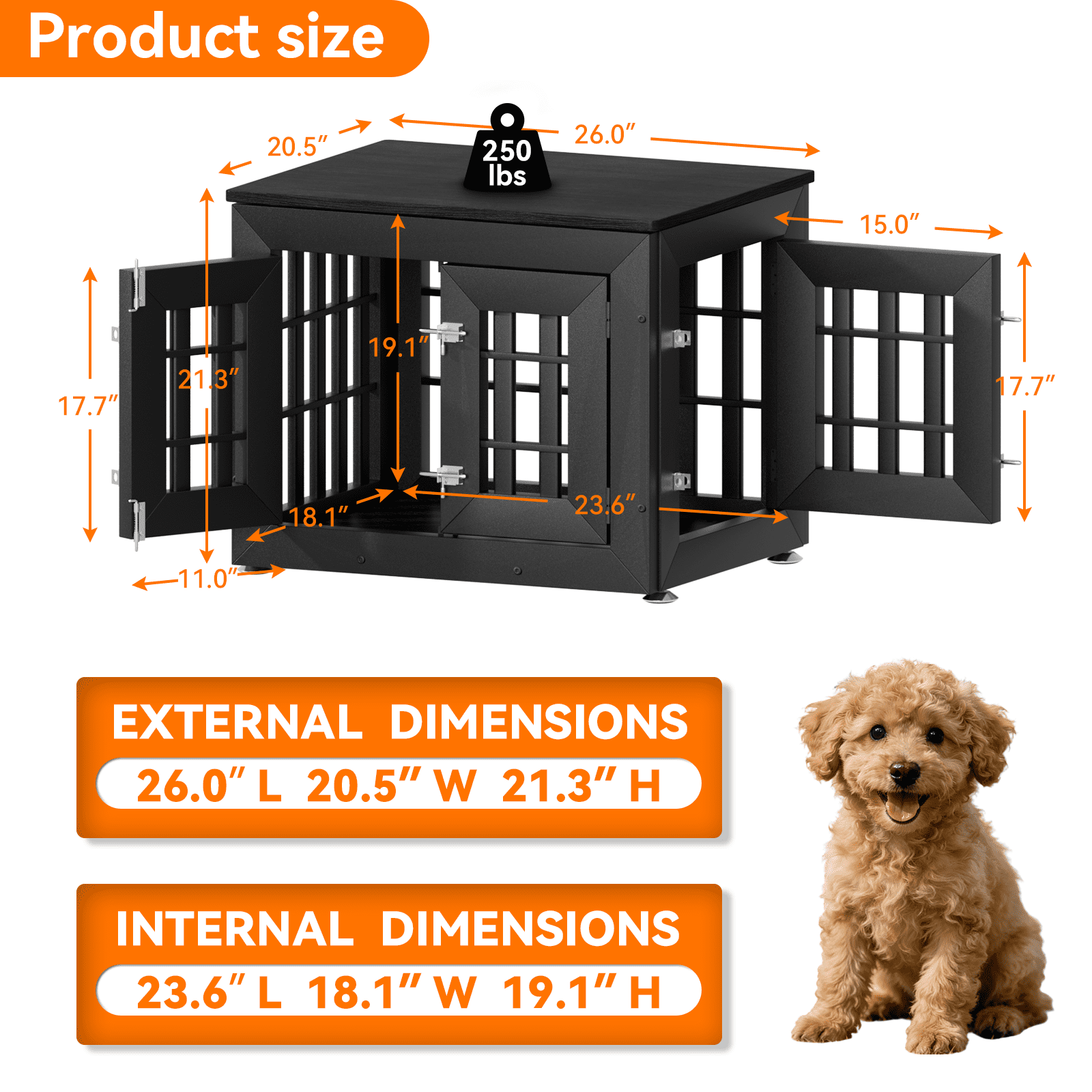 Snuowu 26" Heavy Duty Dog Crate Furniture for Small,Medium and Large Dogs,Rustic Wooden Dog Cage Kennel Indoor Furniture with Waterproof Top,Decorative Pet House Side End Table (Black)