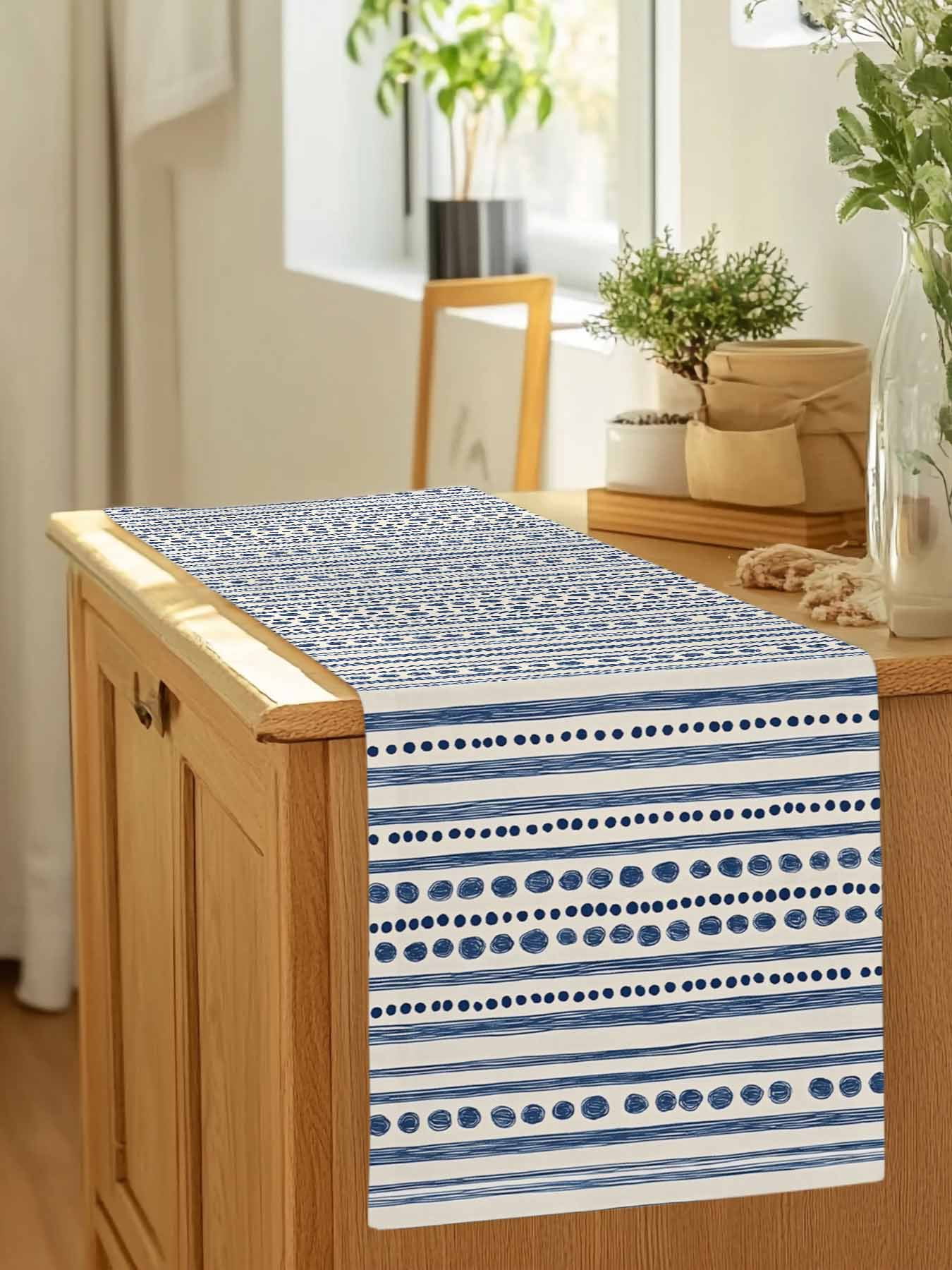 Modern Geometric Blue Stripe Dot Table Runner 90 Inches Long, Abstract Line Graffiti Beige Table Runners Tabletop Scarf Kitchen Dining Tables Decoration for Home Party Indoor Outdoor