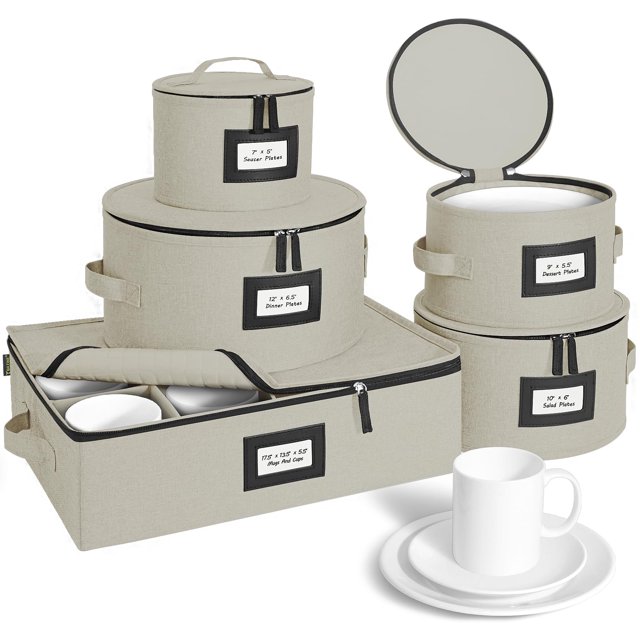 BALEINE China Storage Containers, Sturdy Quilted Wine Glass Storage, Plate Organizer with Carry Handles, Moving Boxes for Dishes, Cups, Mugs and Stemware (Plate Mug Combo, Har