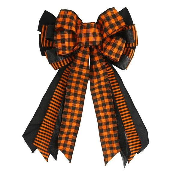 16" Orange & Black Checker Plaid Bow by Celebrate It™ - Halloween Bows for Crafts and Decoration