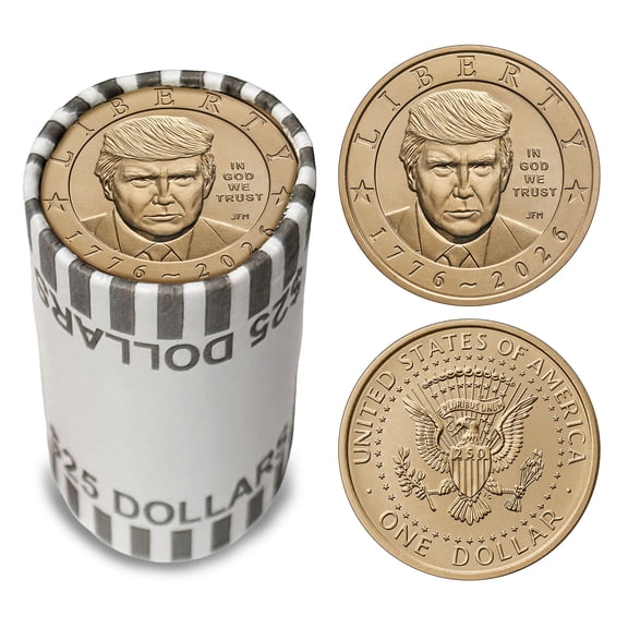 Collectible President Donald J. Trump 2026 $1 Coin Roll • 25 Brilliant Uncirculated Coins • Philadelphia Mint Official Bank Roll • America’s 250th 1776-2026