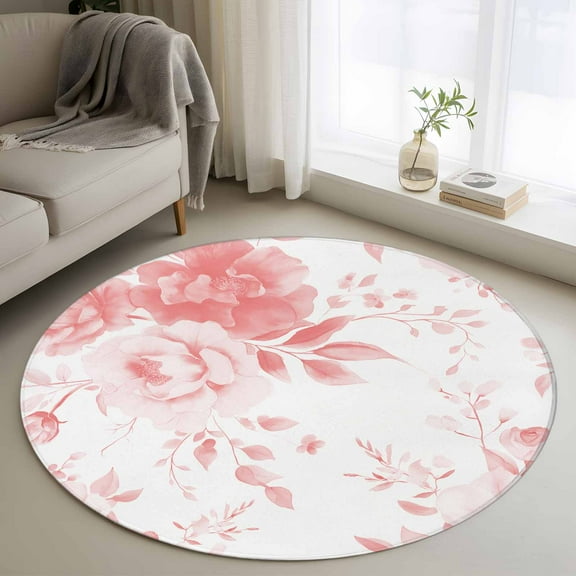 Pink Floral Art Round Rug 3ft Washable Circle Entryway Rugs Non Slip Watercolor Botanical Spring Flowers Area Rug Indoor Floor Carpet for Bedroom Kitchen Living Room Home Office Dining Room Nursery