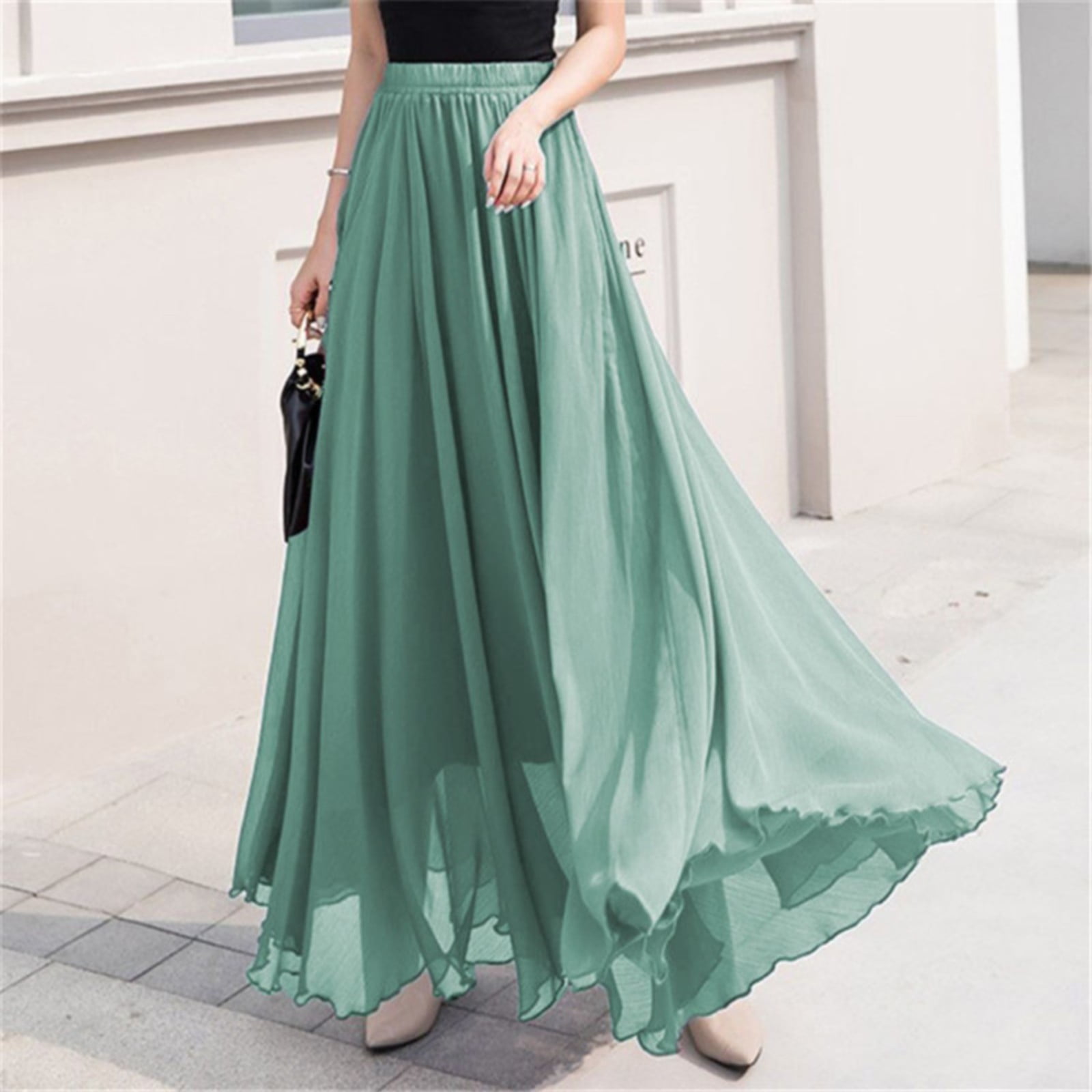 Gubotare Long Maxi Skirt Women's Pleated A-Line High Waist