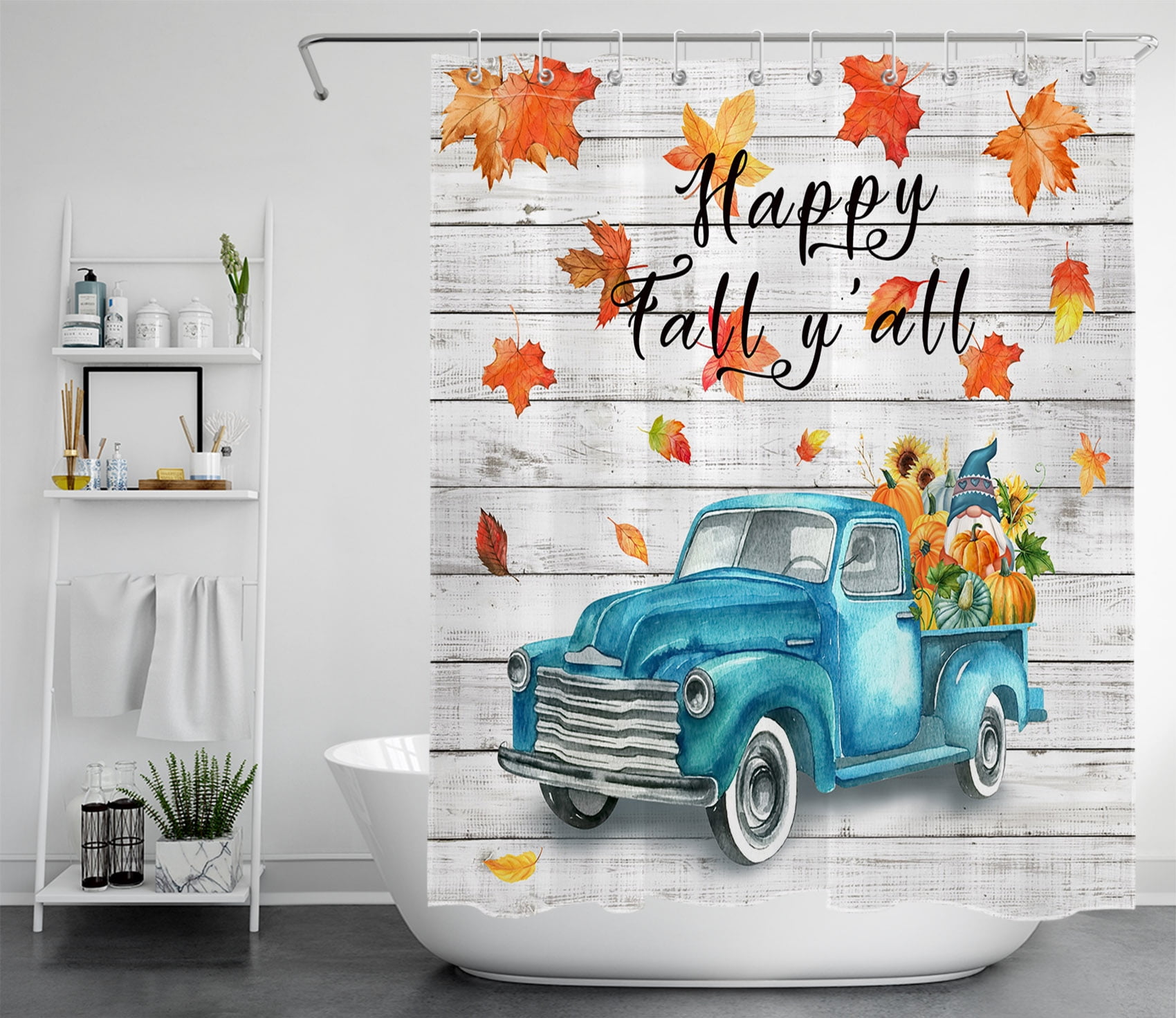 HVEST Fall Shower Curtain,Pumpkins and Gnome on Retro Blue Truck Bathroom Shower Curtain with Hooks Maple Leaves on Rustic Wooden Plank Polyester Waterproof Fabric Bath Decor Accessories,60x72 Inch