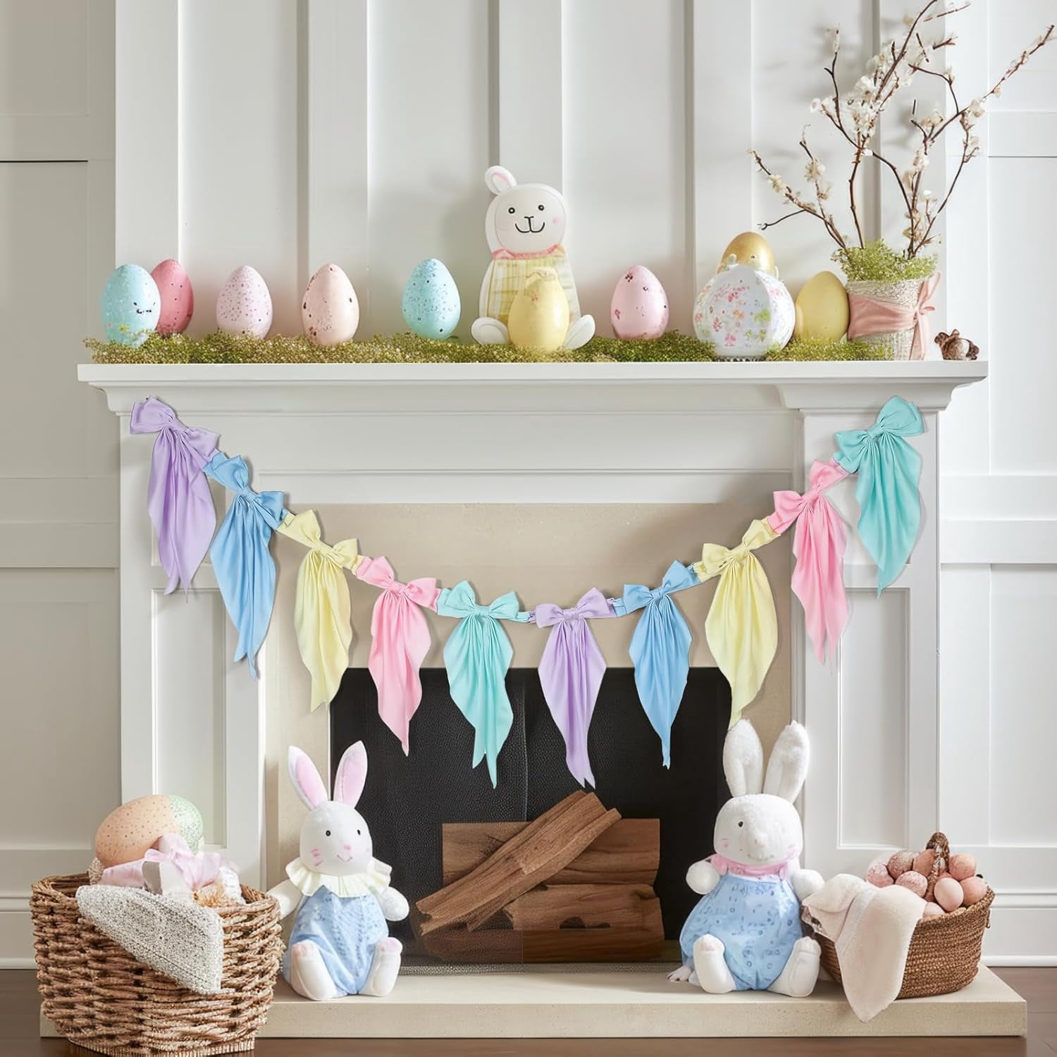 Satmonnus 7.9 FT Easter Pastel Bow Garland Banner - Silk Satin Ribbon Pastel Bow Garland Hanging Party Bow Garland Decoration for Easter Birthday Baby Shower Wedding Party Supplies