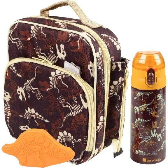 Bentology Kids Lunch Bag Set w Matching Reusable Water Bottle & Hard Ice Pack- Orange Dinosaurs- Insulated Tote, Stainless Steel Insulated Thermos, Hard Ice Pack- School Lunchbox Kits