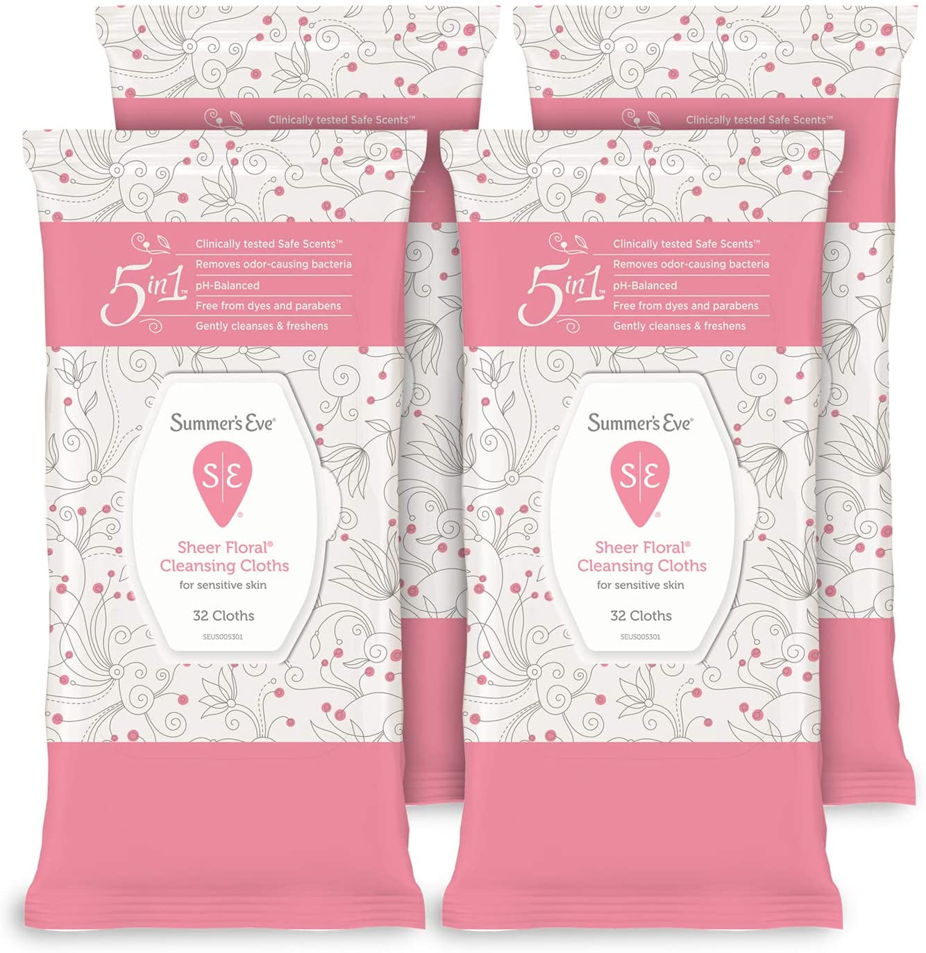 Cleansing Cloths, pH-Balanced, Dermatologist & Gynecologist Tested, Sheer Floral, 32 count, Pack of 4