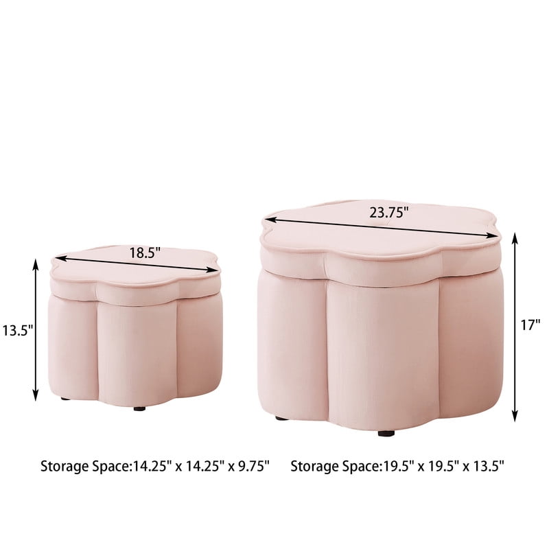 Set of 2 Storage Ottomans, Flower-Shaped Petal Ottoman, Upholstered Velvet Vanity Stool for Living Room & Bedroom, Pink