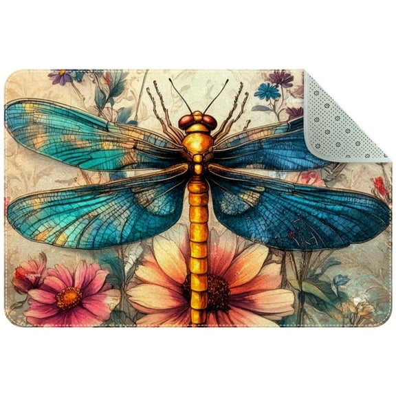 PhooArto Doormat Custom Indoor Welcome Door Mat, Dragonfly Flowers Home Decorative Entry Rug Garden/Kitchen/Bedroom Mat Non-Slip Rubber 24x16in