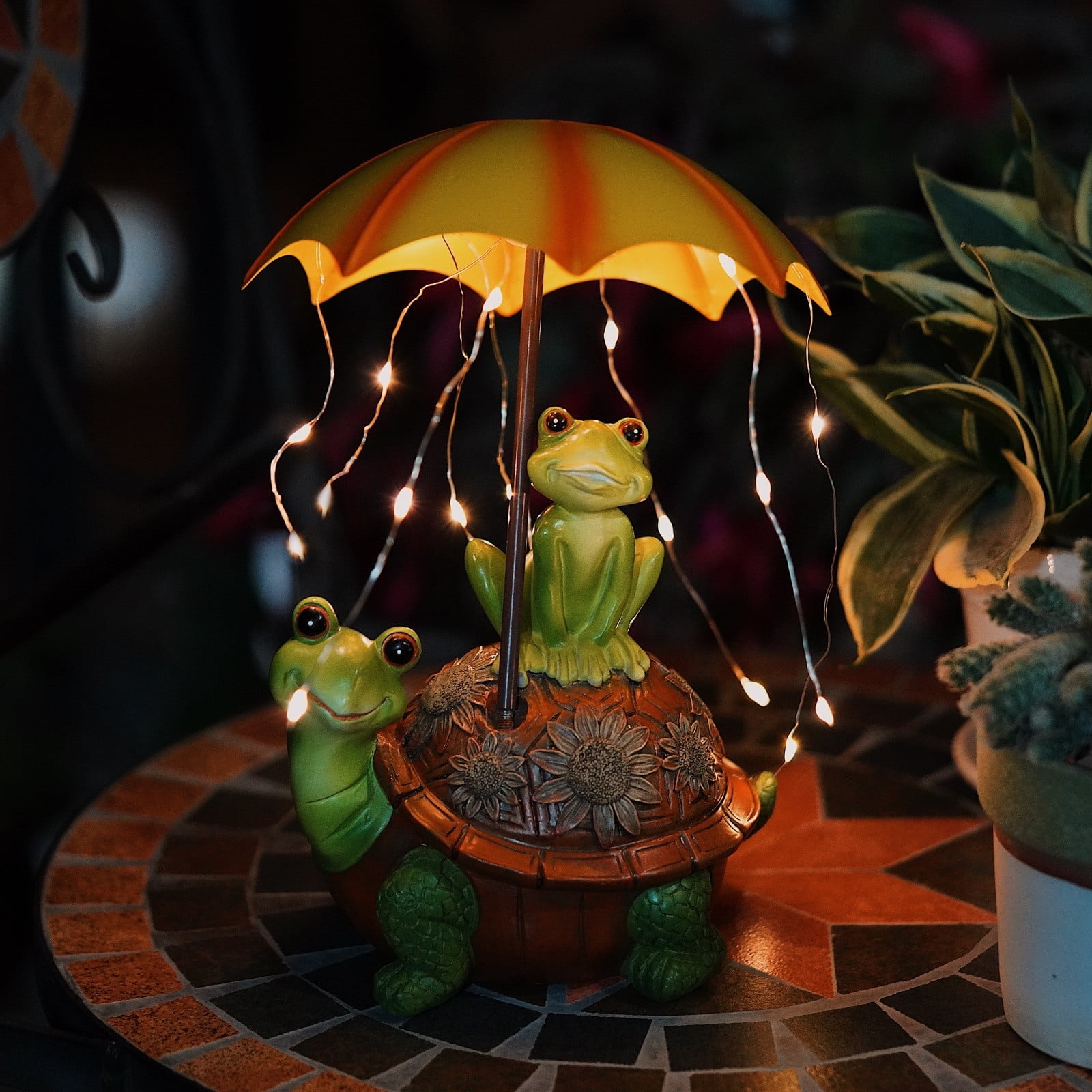 Hand-Painted Solar Garden Statue, Frogs Standing on Turtle Holding Umbrella with String Lights, Waterproof Outdoor Patio and Yard Art Decoration