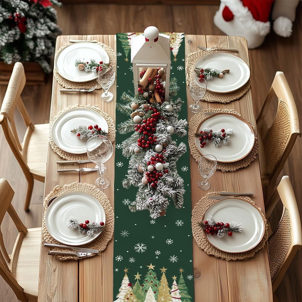 Christmas Table Runner 13x90 Inch, Xmas Trees Snowflakes Holiday Decorative Farmhouse Table Decoration for Kitchen Dinning, Indoor Outdoor Dinner Party Decor