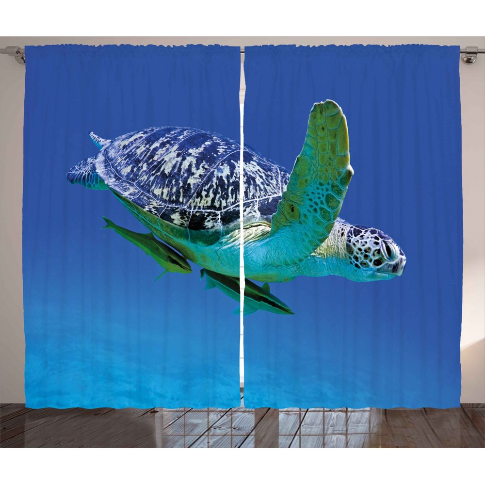 Turtle Curtains 2 Panels Set, Aquatic Theme Photo Tropical Exotic Sea