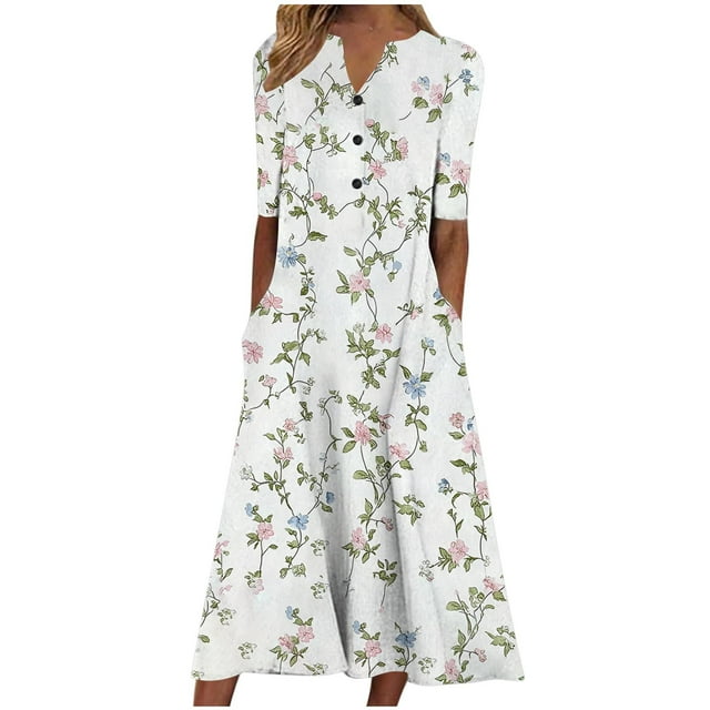 Hauts à Enfiler pour Femmes Printemps Automne Vêtements 2025 Chemises à Manches Longues Amples Hauts de Festival Femmes Été Printemps Col en V Manches Courtes Imprimé Poche Boutons Robe Mi-Mollet Grande Taille Hauts pour Femmes Été