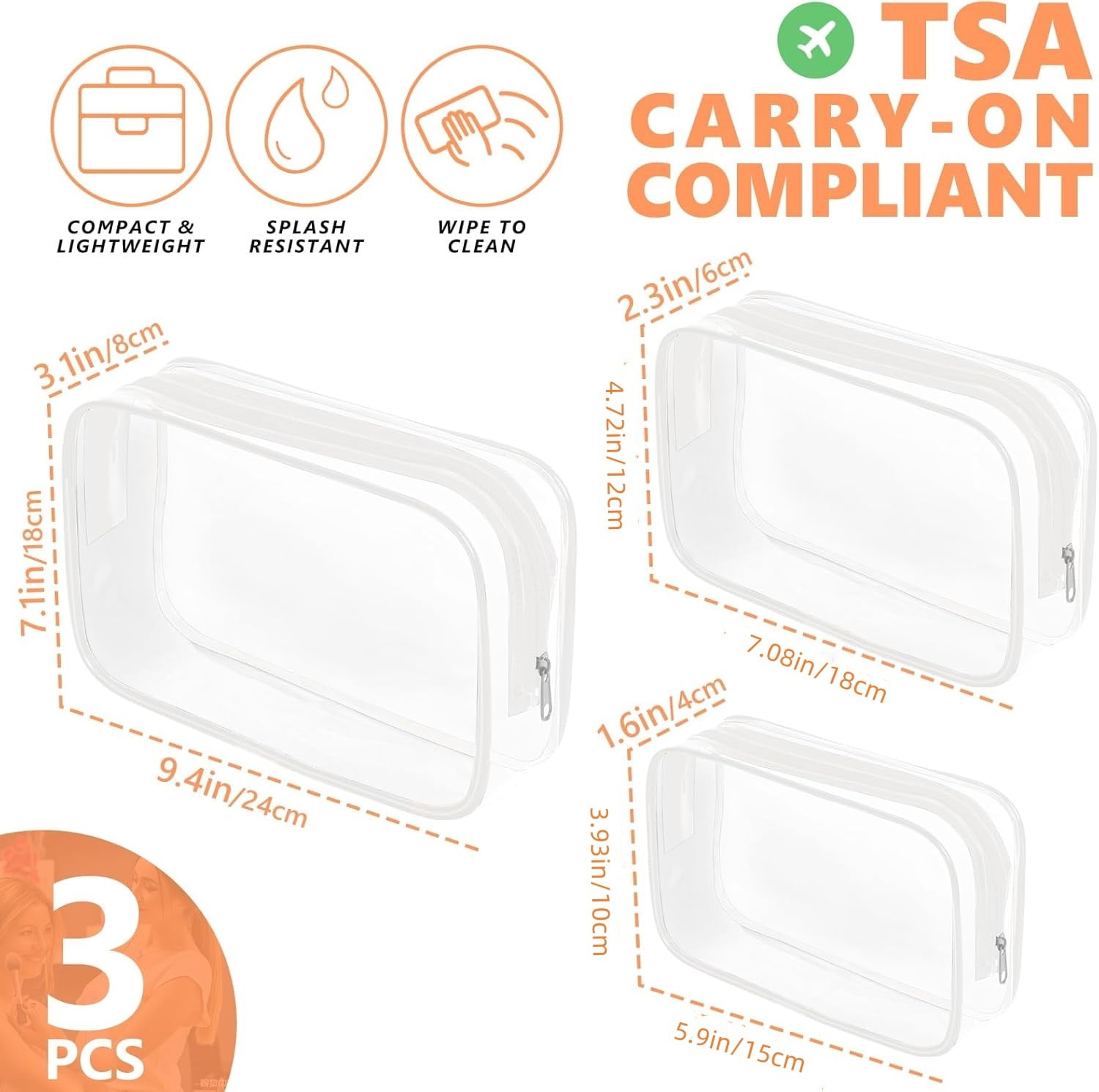 TSA Approved Toiletry Bag 3 Pack Clear Toiletry Bags - 3 Size Travel Bag for Woman, Portable Travel Makeup Cosmetic Bag for Women Men, Carry on Travel Accessories Bag（White)