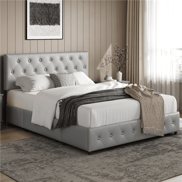 Yaheetech Lit Plateforme Rembourré en Similicuir avec 3 Tiroirs, Grand Lit, Gris Pâle