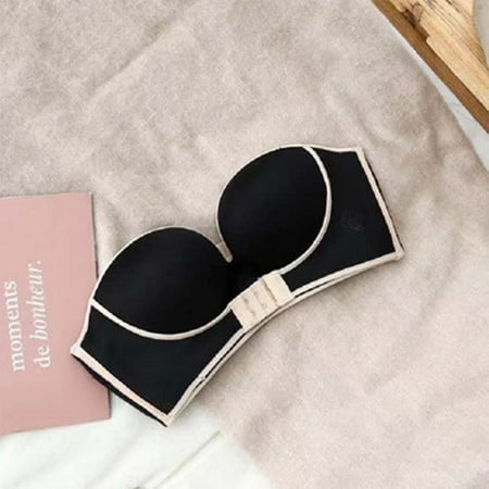 

YIWEI Strapless Ladies Underwear Invisible Anti-Slip Push Up Front Buckle Bra Black 38/85AB
