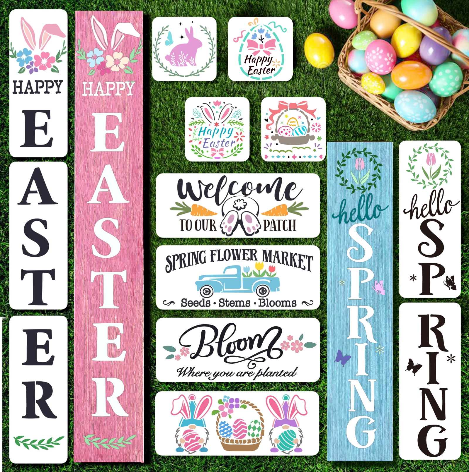 9PCS Easter Stencils Reusable for Painting on Wood 8x11 Inch Large Happy Easter Stencils for Easter Decorations 