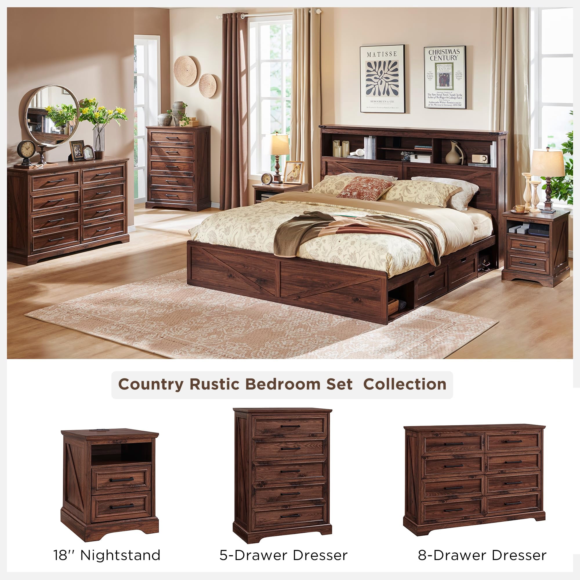 ACCOHOHO Nightstands Set of 2 with Charging Station, Rustic End Table with 2 Drawers Farmhouse Side Table with 3-tier Storage Space Bedside Cabinet for Bedroom Living Room,Brown
