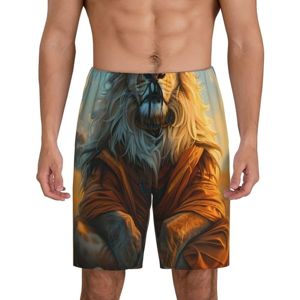 Balery Prairie Meditating Lion Pantalones cortos de pijama de punto de algodón para hombre con cinturilla y bolsillos-Small