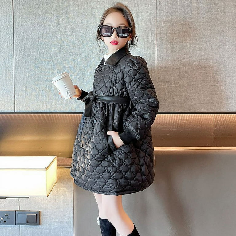 Korean Teen Girls Outerwear Double Breasted Jackets with Bowknot Belt Fashion Winter New Cotton Clothes for Kids 8 9 10 12 14Yrs