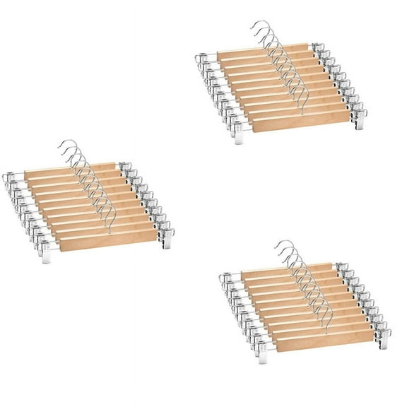 30 Pack Wooden Skirt Hangers with Adjustable Clips Non-Slip Trouser Hanger Natural Lotus Wood Pants Hangers 360°