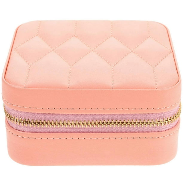 Travel Jewelry Storage Box Pink 3.9×3.9×2in PU Material Zipper Design Daily Use 1Set