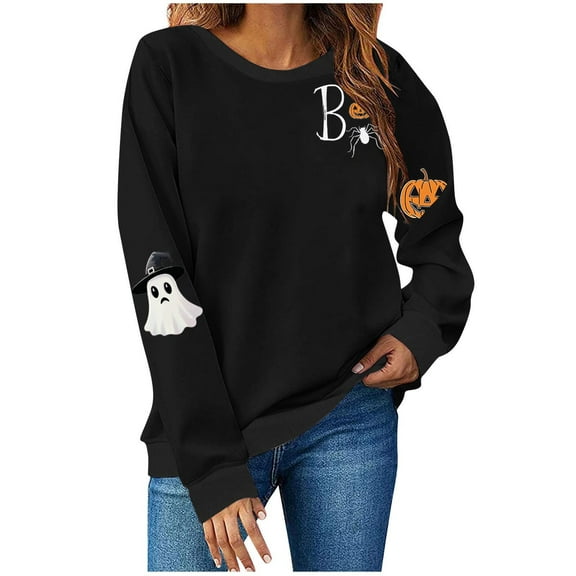 Oalirro Womens Halloween Sweatshirt Fall Funny Oversized Halloween Sweater Crewneck Spooky Long Sleeve Ghost Graphic Pullover Shirts