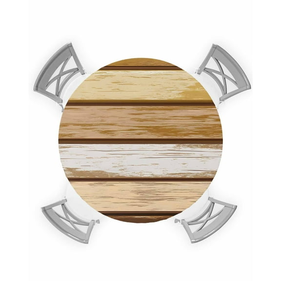 nqOlkjepod Vintage Brown Geometric Round Tablecloth, Fitted Table Cover with Elastic for 55"-60" Round Tables, Farmhouse Country Retro Wood Grain Table Cloth Dinning Party Waterproof Tablecloths