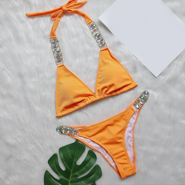 Aayomet Womens Bathing Suits Women's Halter Triangle Bikini Ribbed String  Smocked Swimwear Cheeky Thong Swimsuit High Cut Bikini Set,Orange S 