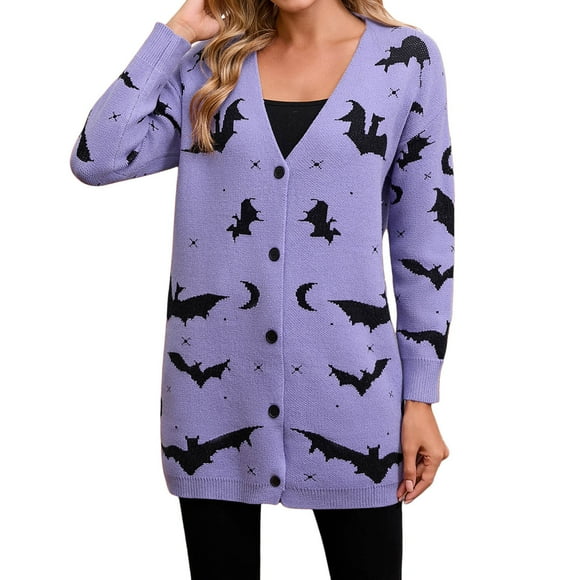 Aocisk Women's Long Sleeve Cute Cardigan Sweaters V Neck Open Front Ribbed Knit Heart Sweater Coat for Winter Purple S