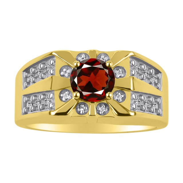 RYLOS Men's Rings 14K Yellow Gold Designer Starburst 7MM Round Gemstone & Diamond Ring Garnet January Birthstone Rings Size 10
