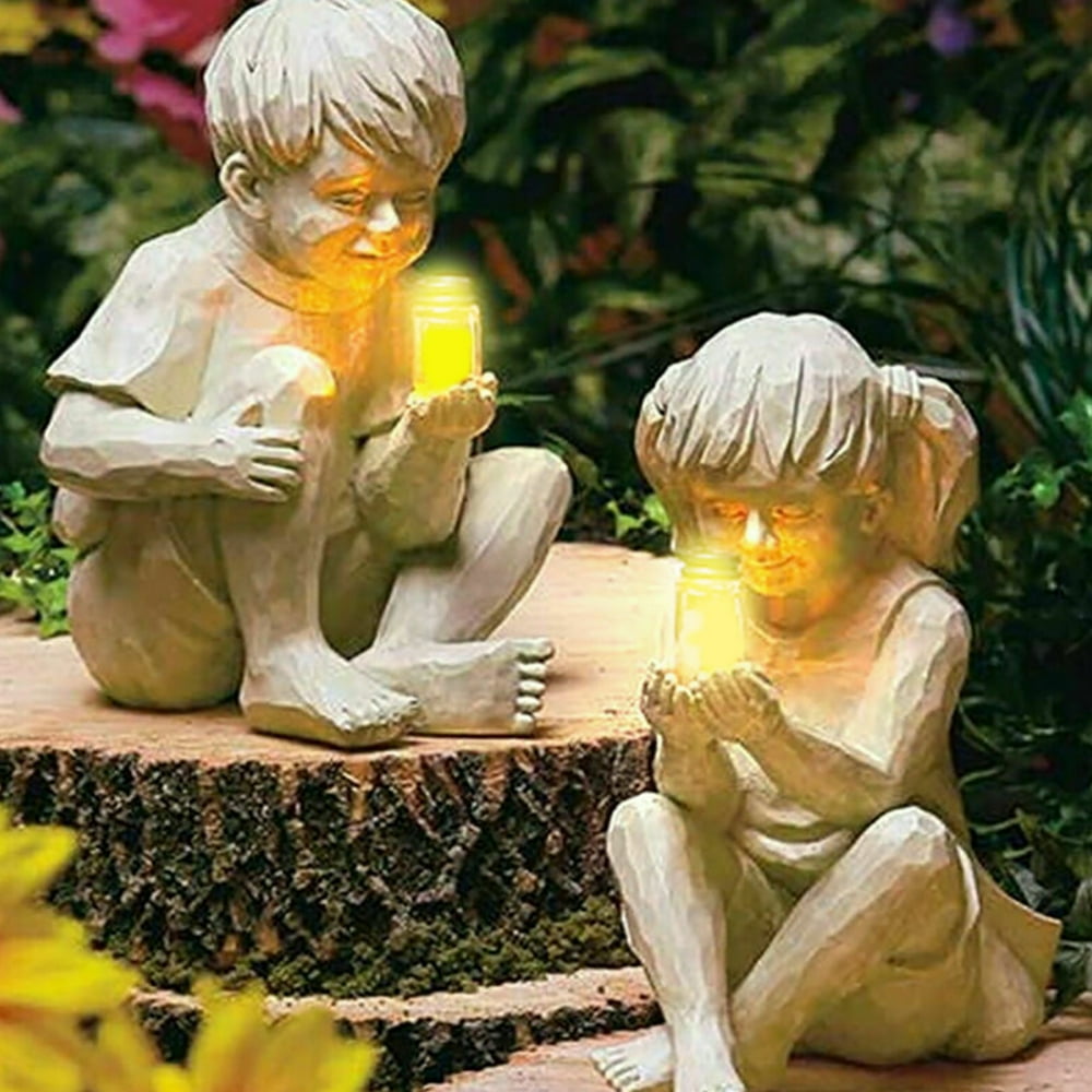 BOOBEAUTY Garden Decoration Statue,Children Fireflies Jar Boy Girl Statue,Whimsical Flowerbed