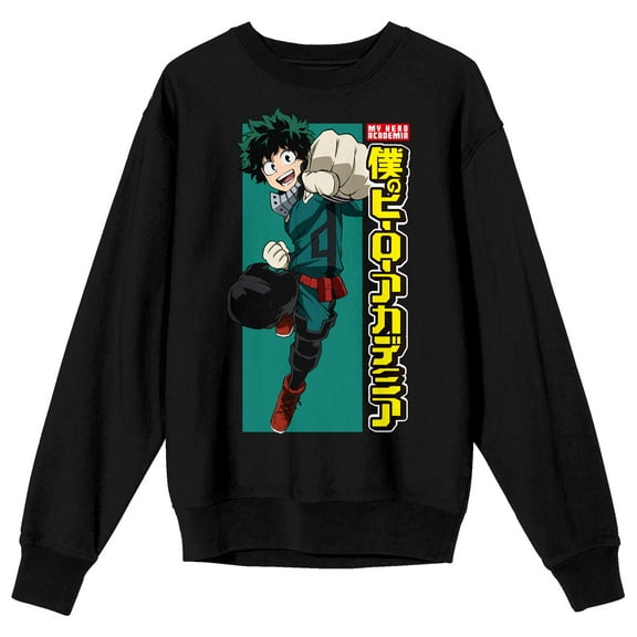 My Hero Academia Deku Logo Crew Neck Long Sleeve Black Adult Sweatshirt-Medium