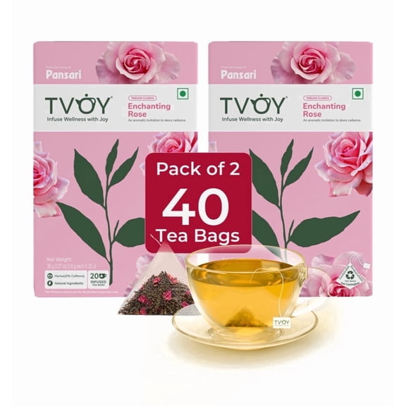 Natural Rose Green Tea, 40 Pyramid Tea Bags, Biodegradable Delightful Rose Flavor Teabags, 100% Whole Leaf Green Tea, Delightful Falvorful Tea