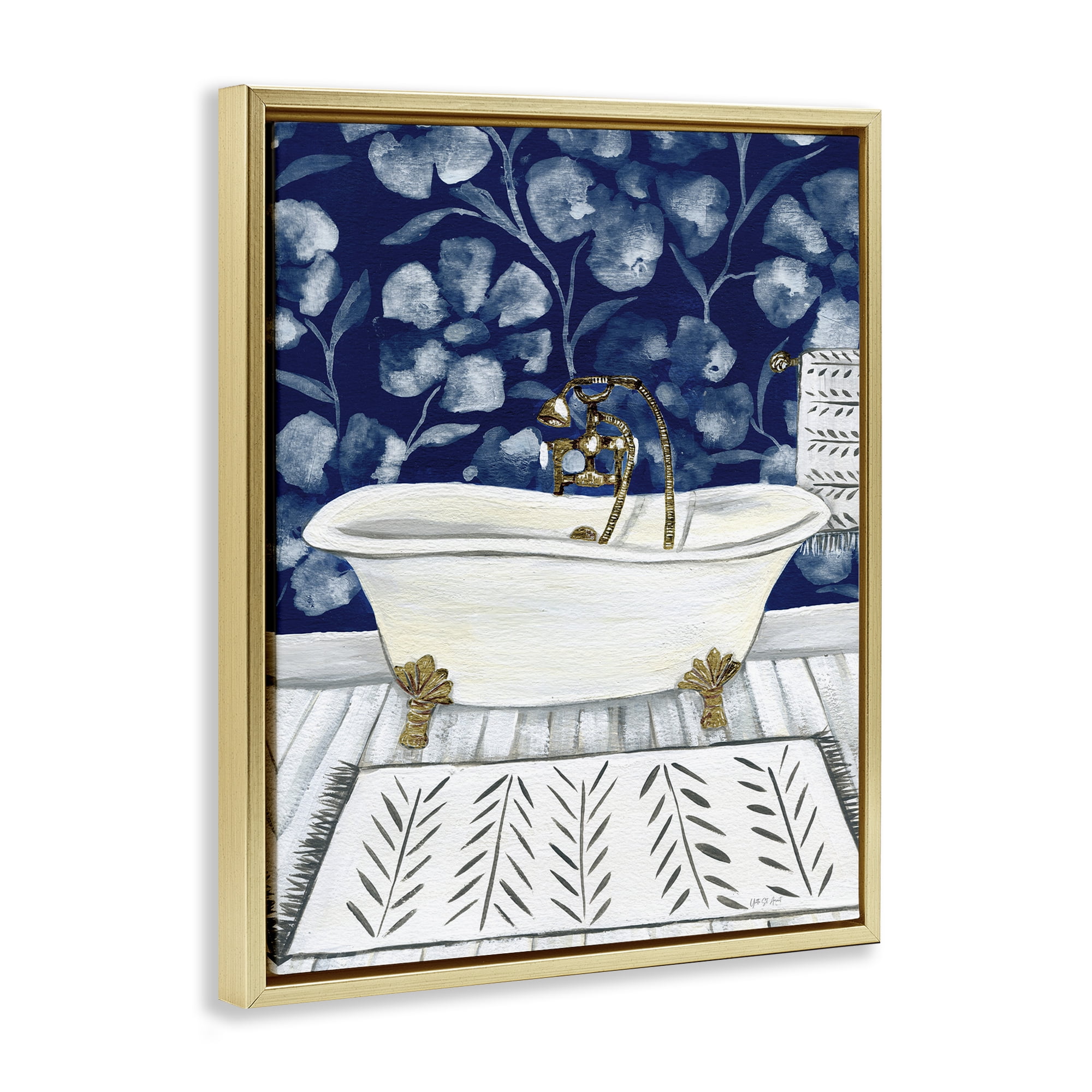 Stupell Industries Bold Blue Bathtub Typography Painting Gold Floater Framed Canvas Art Print Wall Art, 25 x 31