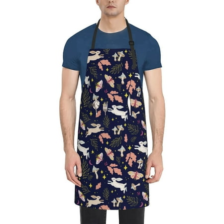 

Xecao Retro Rabbit Flower Print Kitchen Cooking Aprons Waterproof Adjustable Bib Aprons with 2 Pockets for Women Men Chef