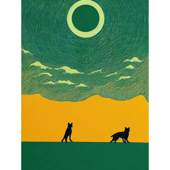 Abstract Wolves Minimalist Surreal Sky Green Yellow Large Wall Art Poster Print Thick Paper 18X24 Inch