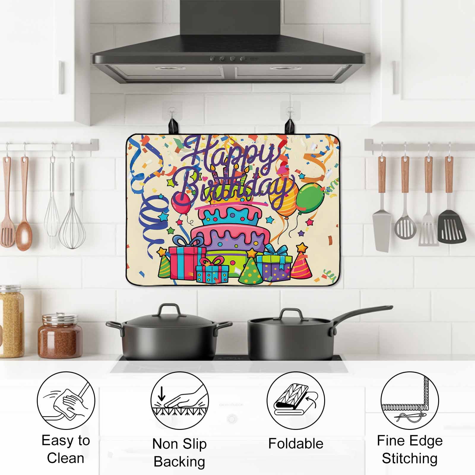 Ribbon Happy Birthday Stove Top Cover for Electric Stove, Heat-proof & Non Slip Glass Top Stove Cover Protector, Cute Cake Balloon Colorful Kitchen Flat Cooktop Rubber Mat 24x21 Inches