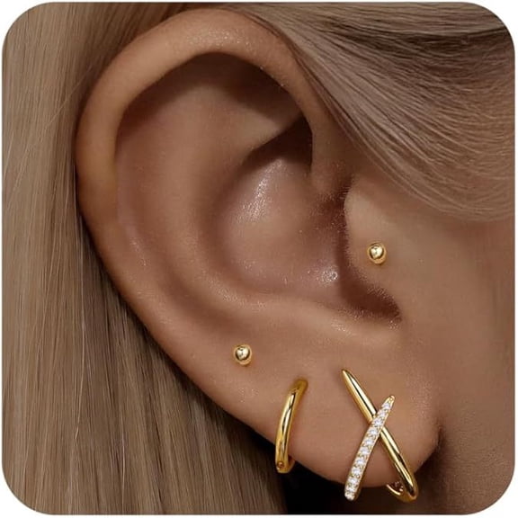 Women's Mini Sterling Silver Earring Set, Hypoallergenic 14K Gold Plated Earrings, Stackable, Suitable for Multiple Ear Piercings, Delicate, Cute, Mini, Lightweight Cartilage Studs
