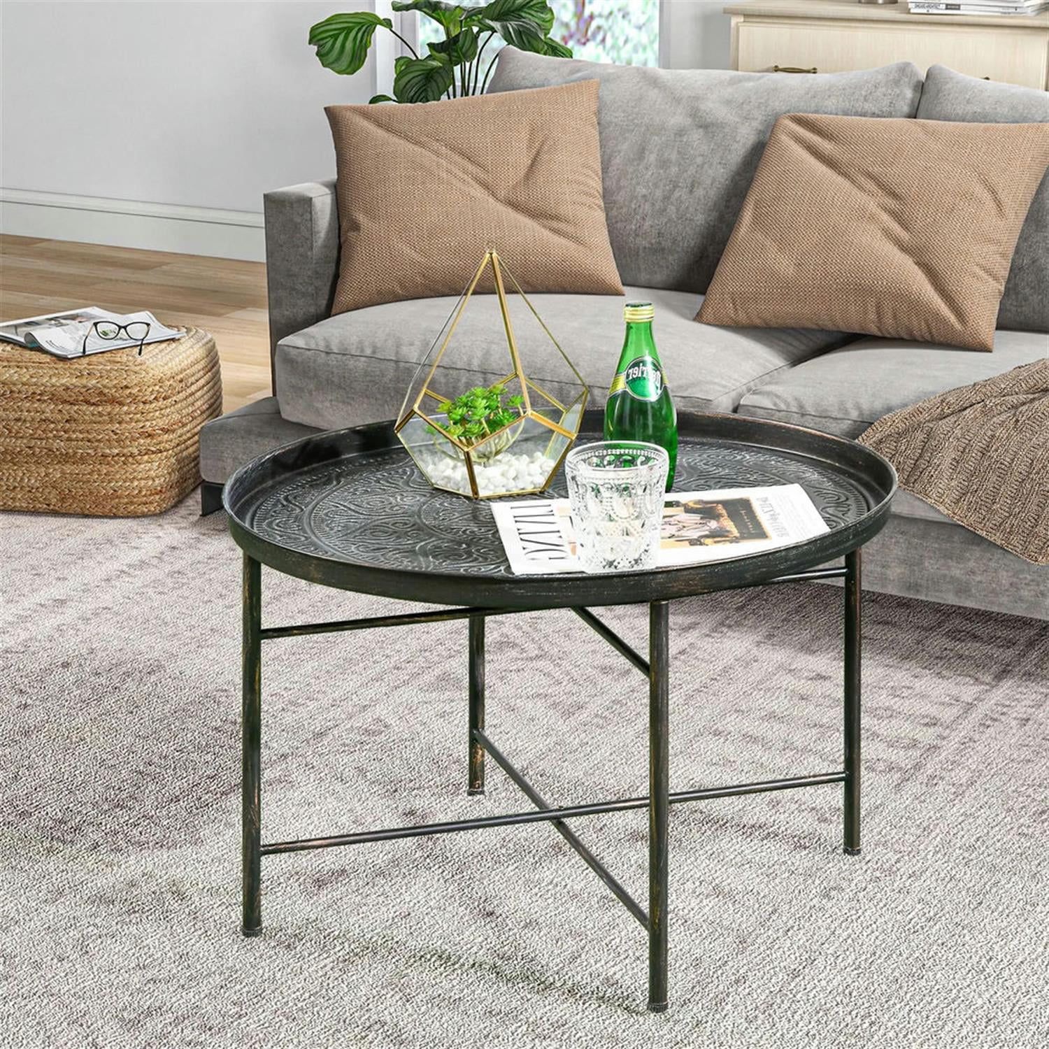 Demi Bonn 24" Round Living Room Coffee Table with Hammered Metal Frame, Pewter for Bedroom, Stylish Center Table, Gray