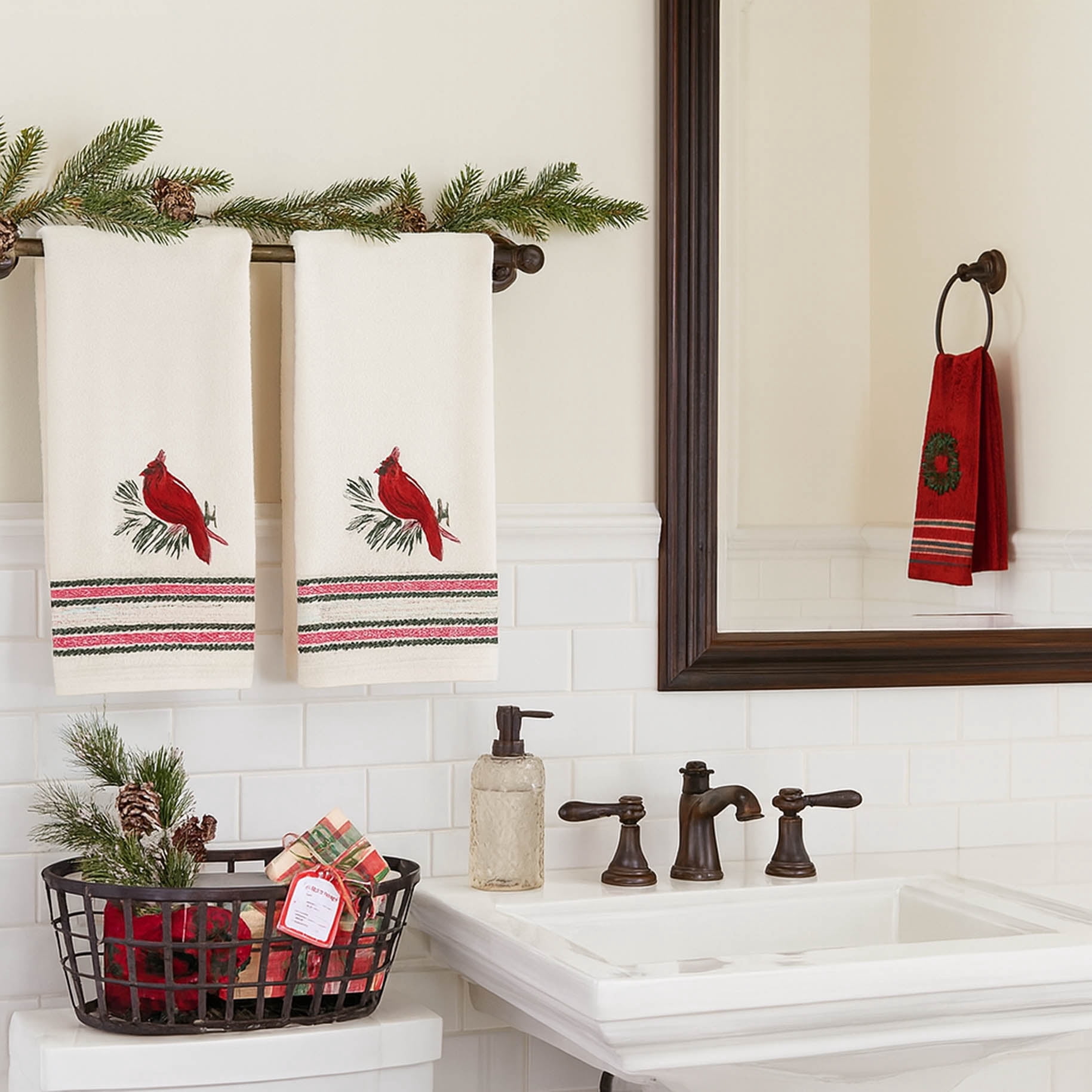 St Nicholas Cardinal Embroidered Hand Towels Set of 2 Off-White Cotton 16 x 25