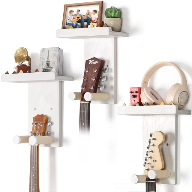 Soporte de pared para guitarra Keebofly de madera rústica con soporte para púas, paquete de 3 unidades