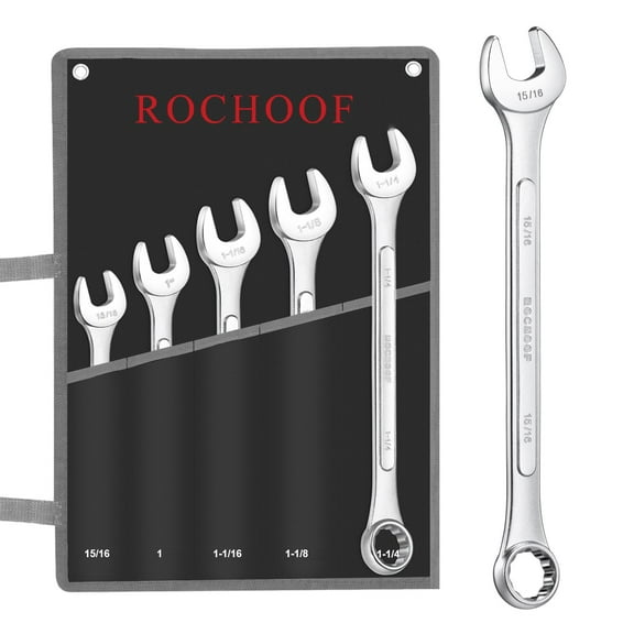 Combination Wrench Set,5-Piece SAE Wrench Set 12-Point Chrome Vanadium Steel Wrenches 1" to 1-1/4" with Rolling Pouch